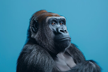 Obraz premium Gorilla with contemplative expression against blue backdrop