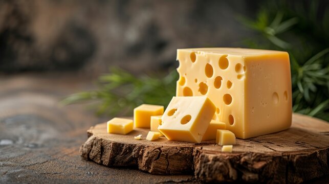 A large block of yellow Emmental cheese with characteristic holes, giving it a sponge-like appearance. Emmental cheese can be used in various dishes, including sandwiches, salads, or cheese platters.