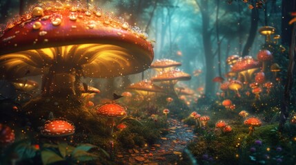 A fantastical forest setting adorned with colorful mushrooms and glowing lights, evoking a sense of wonder and whimsy