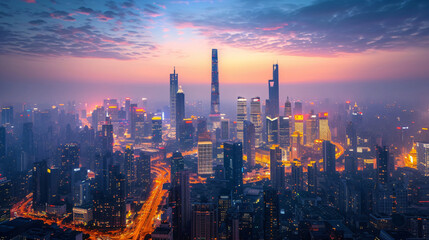 A panoramic view of a modern city skyline at twilight.