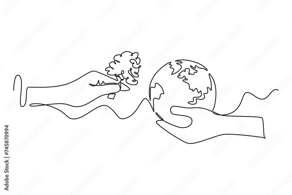 Wall mural continuous one line drawing concept of planting trees to protect earth ozone layer. protects the ear