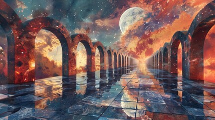 Watercolor scene of a renewable cosmic world with floating arcades and infinity themed observatory views - obrazy, fototapety, plakaty