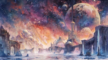 Watercolor scene of a renewable cosmic world with floating arcades and infinity themed observatory views