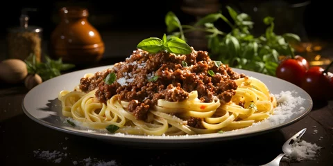 Foto op Plexiglas Delicious Homemade Pasta with Rich Bolognese Sauce and Grated Parmesan Cheese. Concept Italian Cuisine, Pasta Recipe, Bolognese Sauce, Parmesan Cheese, Homemade Cooking © Ян Заболотний