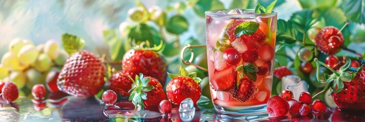 Glass of summer refreshing drink with ice, summer holidays and fun, banner
