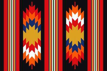 Ethnic fabric pattern, black, red, yellow, blue, orange, geometric design for textiles and clothing, blankets, rugs, blankets, vector illustration.
