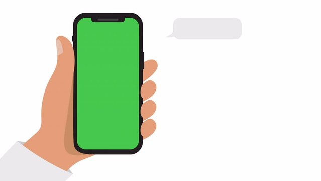 Illuctrated Hand holding a mobile phone with green screen, chroma key on white background with icons of chat with messages . Copy space. 4k animation