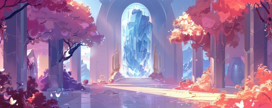 Potion shop in a crystal dome selling venom liquid and golden daggers guarded by winged leopards