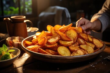 Hands taking one of the delicious homemade chips in a brown bowl on the gray table, generative IA