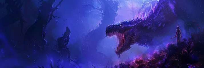 Tuinposter Digital painting of dragon confronting a person - An epic digital art depicts a massive dragon facing off against a solitary human in a mystical land © Mickey