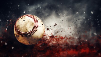 Dramatic baseball bursting through smoke - Intense image capturing the raw power and dynamic action of a baseball exploding through a haze of smoke and debris, symbolizing energy and impact