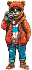 Bear wearing a shirt and jeans with camera, Cartoon cool bear