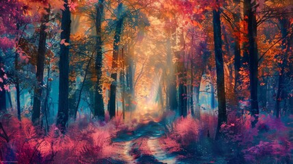Fantasy autumn pathway with vibrant colors - A vibrantly colored, dream-like pathway, inviting one into a world of fantasy and beauty enclosed in an autumnal forest