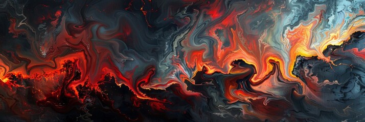 Fiery swirls in a captivating abstract art piece - The interplay of red, orange, and cool blues create a sense of swirling motion, embodying the clash of opposing forces