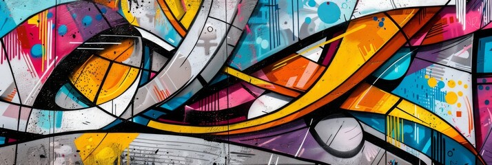 Graffiti art mural with geometric shapes - A dynamic and colorful graffiti wall featuring abstract geometric shapes and patterns, showcasing urban street art - obrazy, fototapety, plakaty