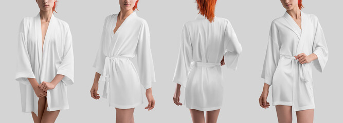 Mockup of silk white robe on slender girl, set of stylish home clothes with belt, for design,...