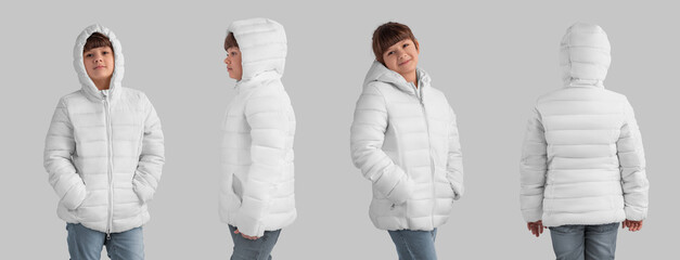 White puffer jacket mockup on a girl, set of warm clothes front, side, back view, for design,...