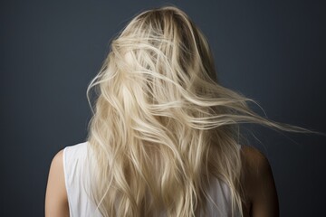 Fototapeta premium Rear view of a girl with flowing long blonde hair, care and hair care concept