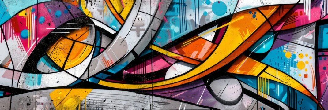 Graffiti art mural with geometric shapes - A dynamic and colorful graffiti wall featuring abstract geometric shapes and patterns, showcasing urban street art