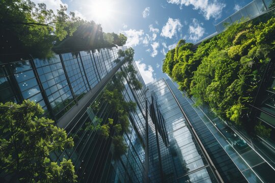 Greenery embracing modern glass buildings - Lush green plants weave around contemporary glass architecture under a clear sky
