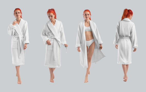 Mockup of white terry bathrobe with belt on beautiful girl, set of warm home clothes isolated on background, front, back view.