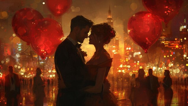 An artistic image of a couple holding red heart-shaped balloons, standing amidst a vibrant, rainy city backdrop