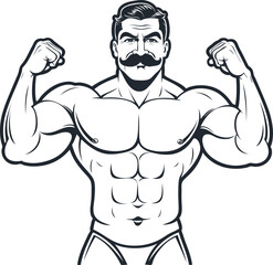 Retro bodybuilder with mustache, vector illustration - 745872711