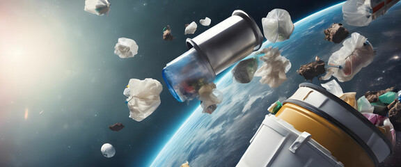 Plastic garbage can full of waste flying in Earth's orbit - Illustration of pollution in Earth's orbit.