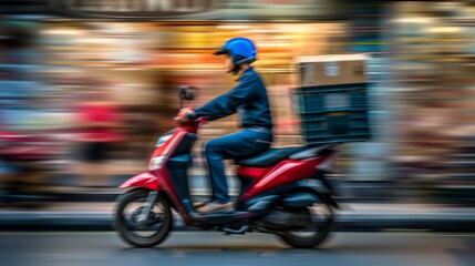 Motion blur captures a delivery person in uniform riding a red scooter through the city streets.