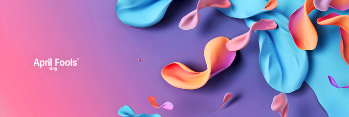 Colorful abstract April Fool's Day background with fluid shapes. April 1st celebration playful banner design. Creative joke day backdrop with dynamic liquid forms. Prank day banner, copy space - obrazy, fototapety, plakaty