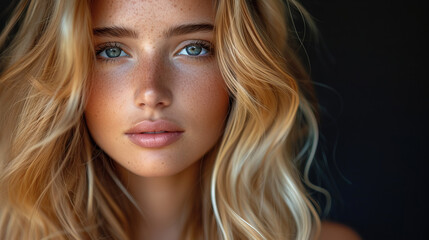 Close-up Portrait of a pretty model blonde girl with freckles - obrazy, fototapety, plakaty
