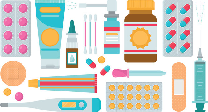 Medicine, pharmacy, hospital set of drugs Medication, pharmaceutics concept. Vector illustration