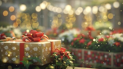 A gift box tied with a vibrant red ribbon sits amidst a blur of festive lights and holiday decorations.