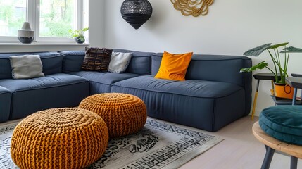 Modern living room. Two knitted pouffes near a dark blue corner sofa. Scandinavian home interior design modern living room - obrazy, fototapety, plakaty