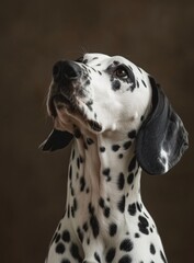 A Dalmatian dog's portrait capturing its alert expression and unique spotted coat, showcasing the breed's distinctive characteristics