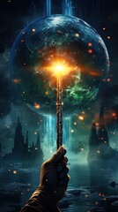 Illustration of hand of a man holding up a magic torch in a fantasy land - obrazy, fototapety, plakaty