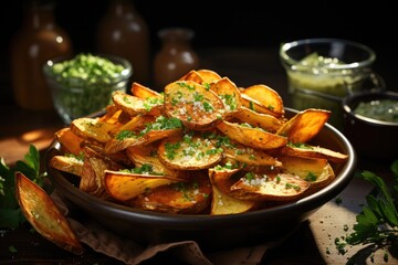 Vertical view of delicious crispy homemade chips in a small brown bowl of green to, generative IA