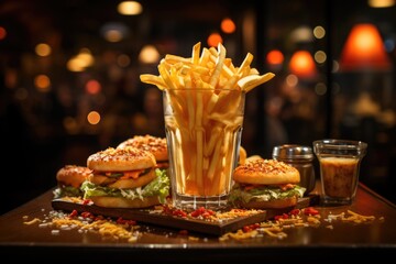 Delicious Dark View French fries with fast-food potato hamburger potatoes, generative IA