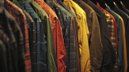Obraz premium A variety of men's shirts neatly arranged on hangers in a retail clothing store, showcasing different patterns and colors.