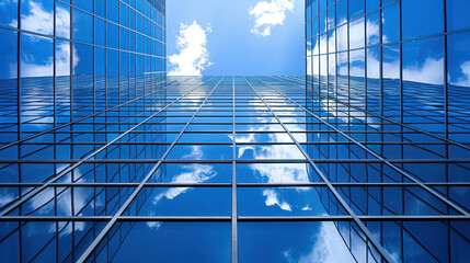 reflective glass facade of skyscraper with blue sky and clouds reflection