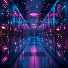 Fototapeta na wymiar A high-tech data center illuminated with neon lights, conveying advanced technology and cyber security concepts