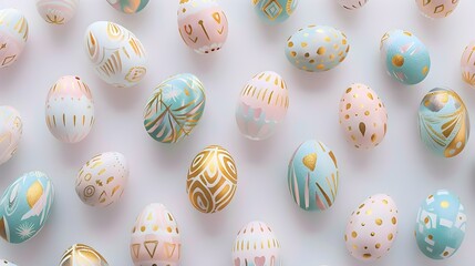 pastel colors and gold Easter eggs hand painted folklore pattern flat lay, minimalist