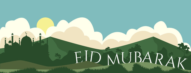 eid mubarak text with nature landscape and mosque. islamic vector illustration