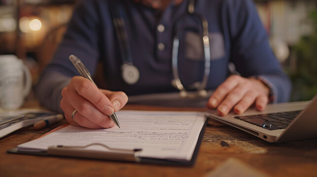 Doctor writing on a clipboard with a laptop and stethoscope on the desk, healthcare concept.