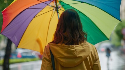 Woman with rainbow umbrella walking on wet city street during rainfall.
