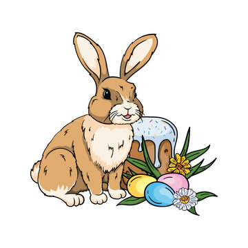 A hare sits near an Easter cake and eggs in flowers. Bright vector illustration for Easter card, print and sticker.
