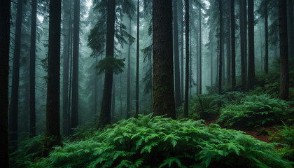 A dense forest with towering fir trees, their deep green leaves enshrouded in a mysterious fog and...