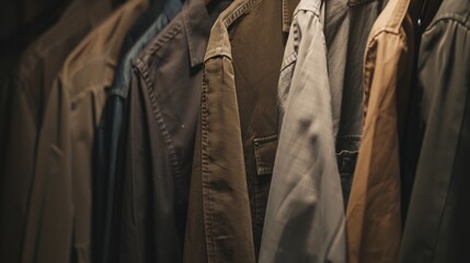 Various styles of jackets neatly hanging in a closet, showcasing a selection of outerwear options.