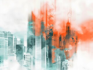 Spectacular watercolor painting of an abstract urban, cityscape, skyscraper scene in orange and teal, grayish smog. Double exposure building