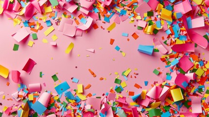 Colorful paper confetti and streamers scattered over a bright pink background, festive celebration concept.